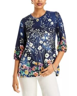 Johnny Was Top Janie Favorite Floral Puff Sleeve Navy Blouse Stretchy Soft Boho